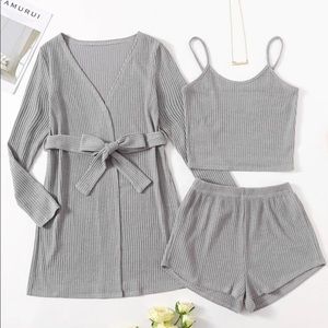 SHEIN 3 piece Rib-knit Belted Robe Lounge set